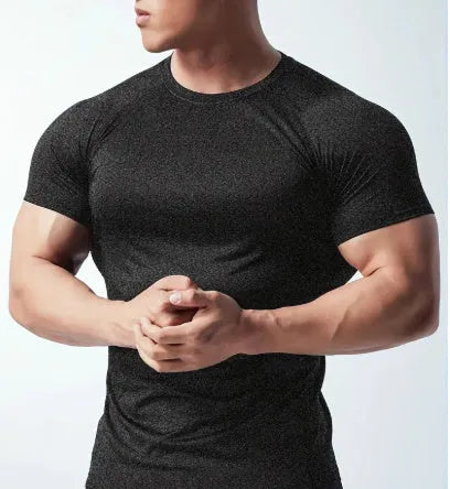 Men's cationic polyester running short sleeve top in green with tight stretch construction