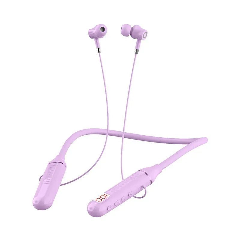 Neck-hanging wireless Bluetooth sports headphones showing power display card function and available in black, red, purple or green colours
