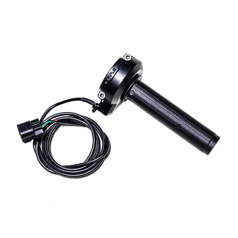 Black electronic throttle handle with stainless steel construction and Bee S cable for motorcycle throttle control