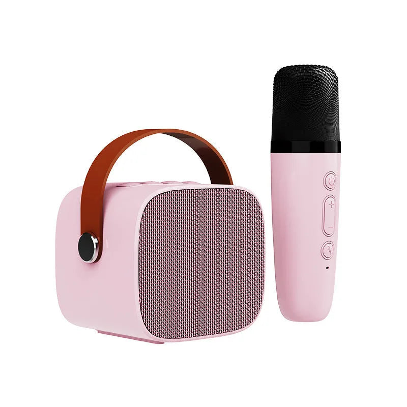 Small white portable Bluetooth speaker with a built-in microphone on a table.