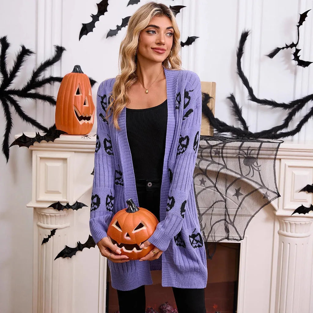 Women's black Halloween pumpkin head jacquard knitted cardigan coat with straight cut