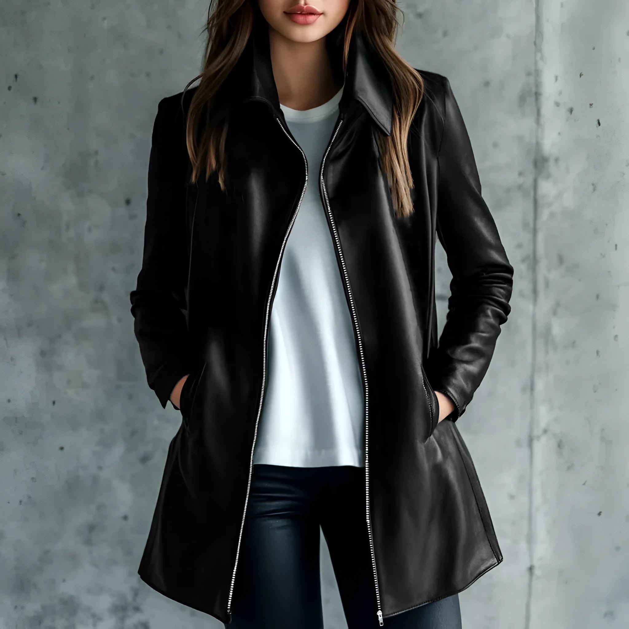 Black women's leather-style polyester jacket with medium 65cm length on a hanger.