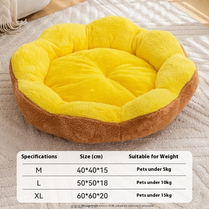 Round rabbit plush cat bed in brown grey colour showing detachable design