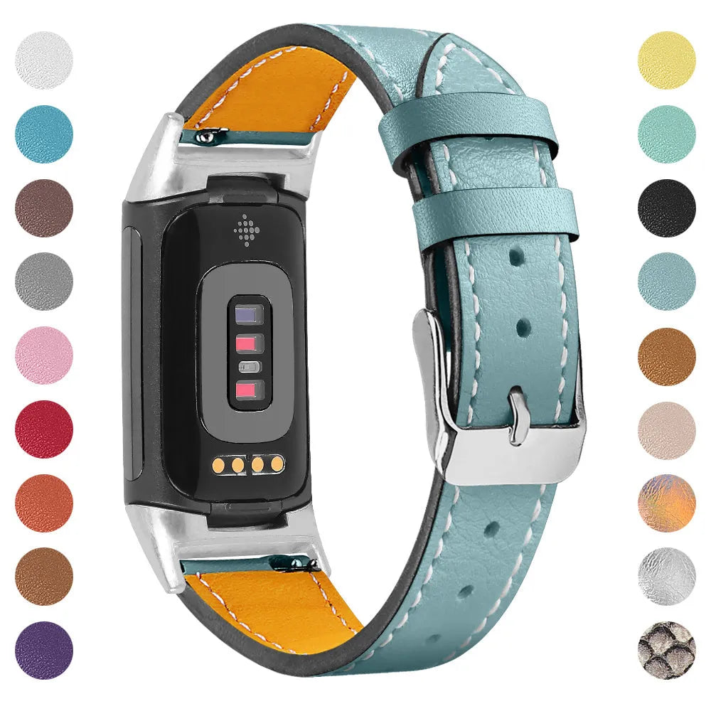 Genuine leather watch strap for Fitbit Charge 5 and Charge 6 fitness trackers on a wrist.