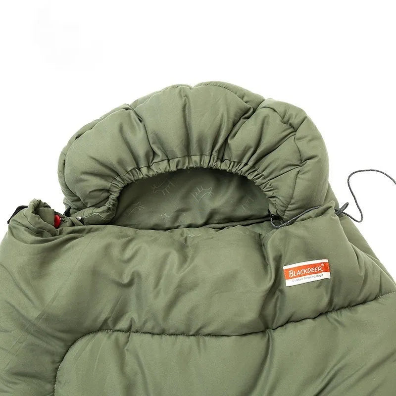 Outdoor cotton sleeping bag in ochre or olive green colour folded for portability