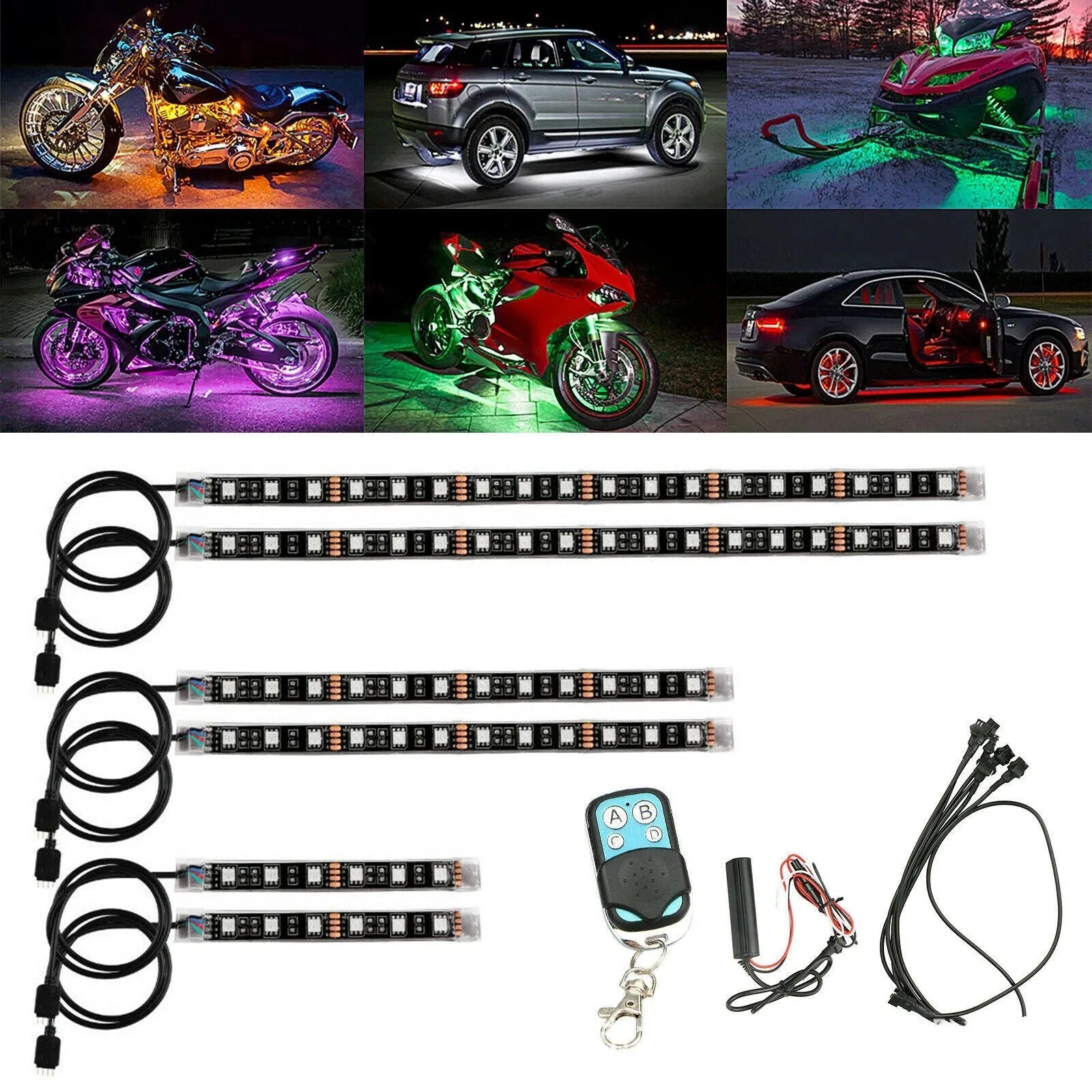 RGB LED vehicle atmosphere light bar with wireless remote control on black silicone housing
