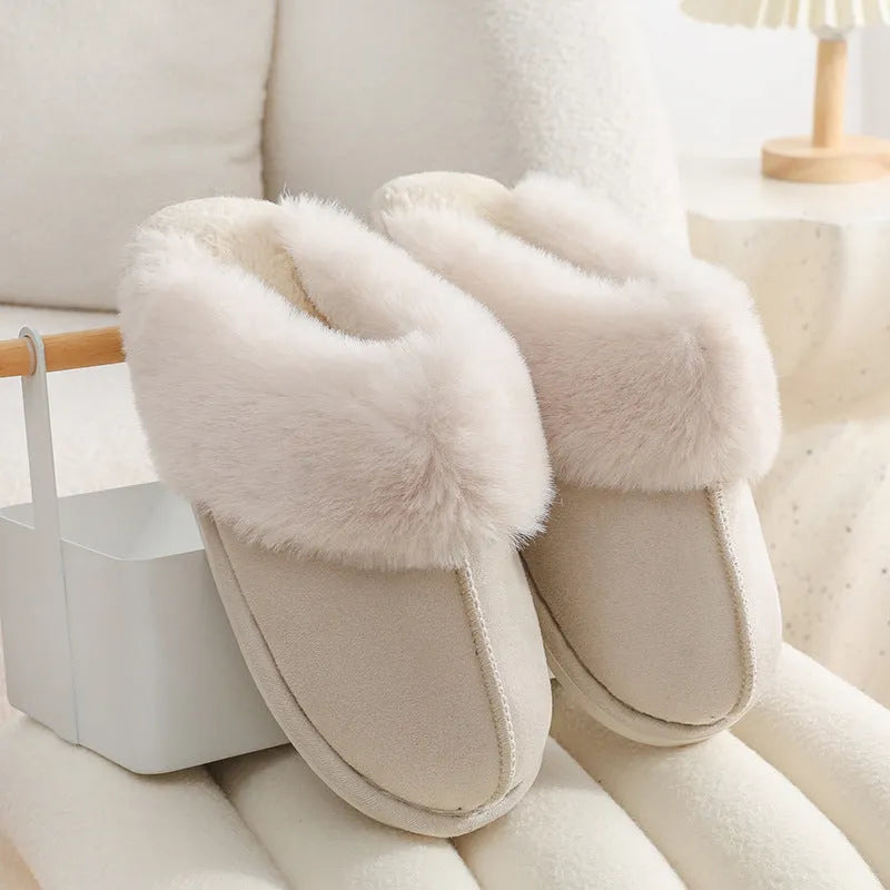 Women's plush indoor slippers with round toe, flat heel, and PVC sole in multiple colour options
