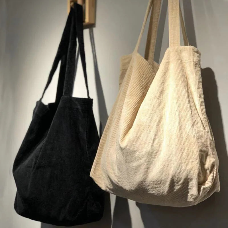 Large corduroy shoulder tote bag for women, 42x45cm, soft plush material, open top, pleated retro style in solid colour