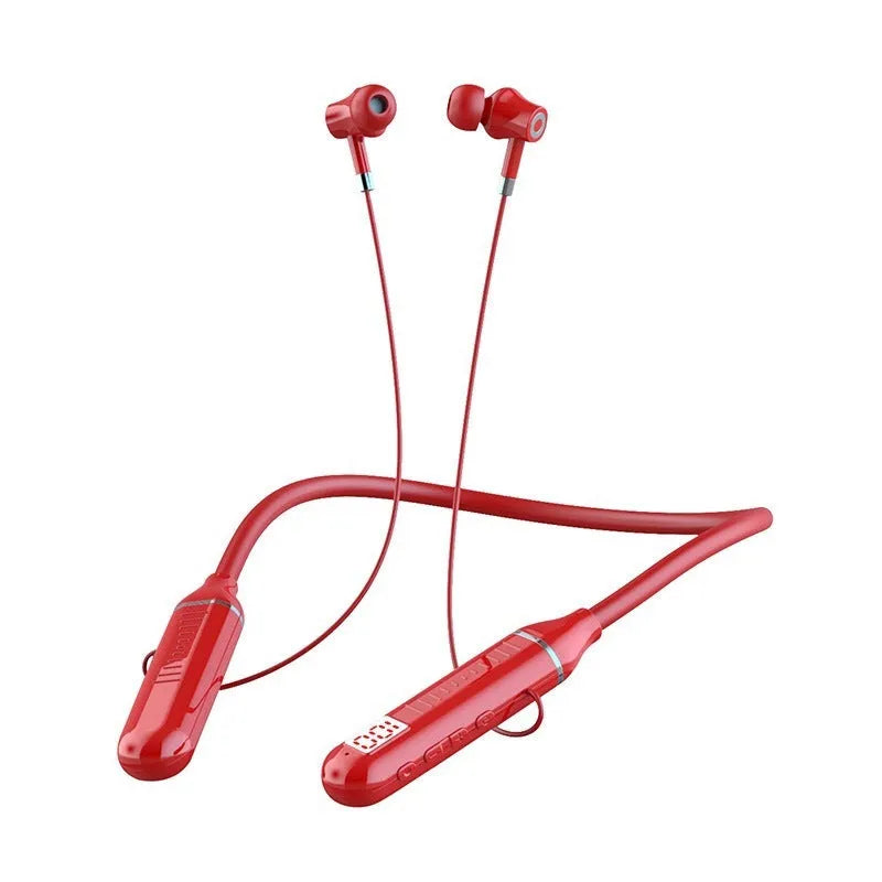 Neck-hanging wireless Bluetooth sports headphones showing power display card function and available in black, red, purple or green colours