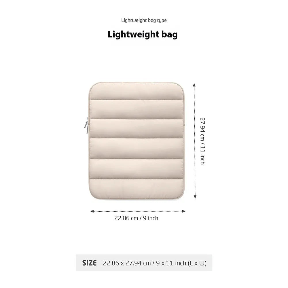 Puff bag laptop sleeve in black, khaki, or silver for 9.7 to 11 inch devices with elastic sides
