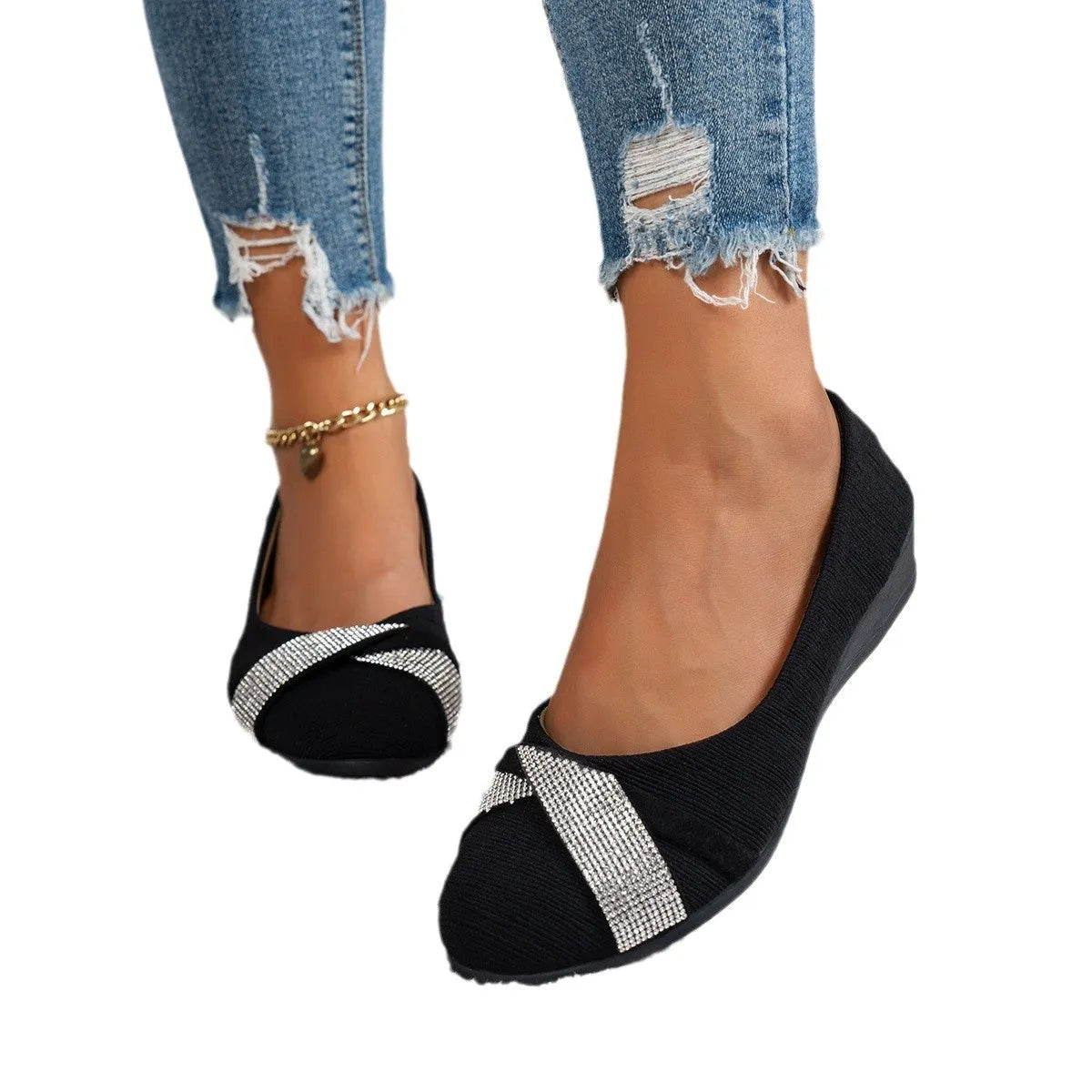Black women's casual slip-on shoes with rhinestone detailing and chunky heels