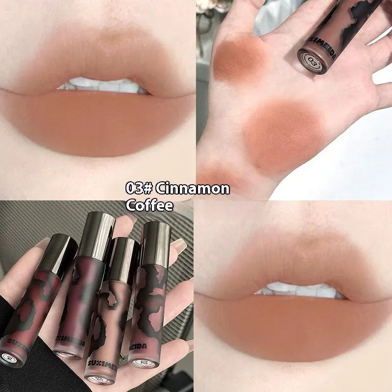 Lava Secret Matte Lip Mud Lipstick tube in one of five colours: orange brown coffee, cool grey, cinnamon coffee, jujube red, or smoked purple.