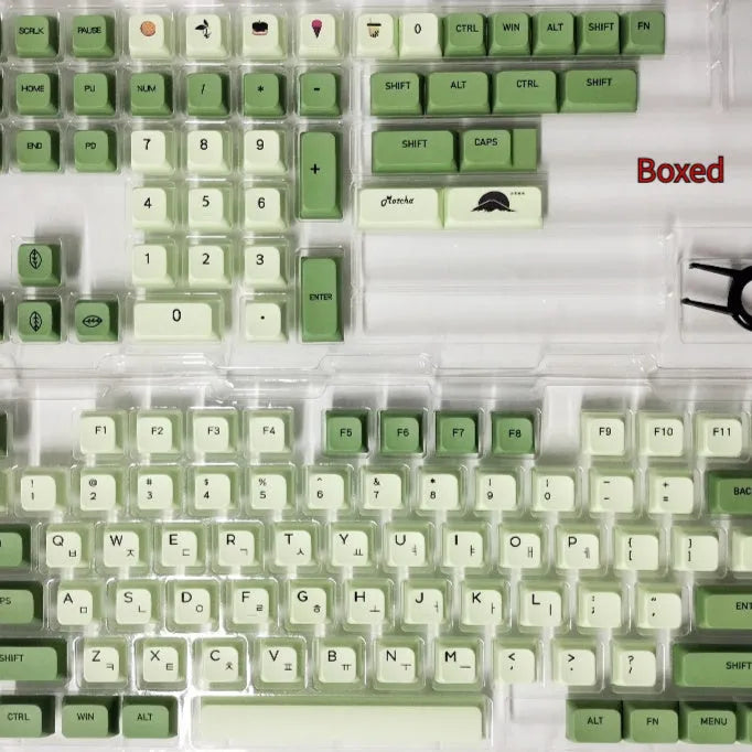124 PBT keycaps in Matcha green colour arranged by language layout for mechanical keyboards
