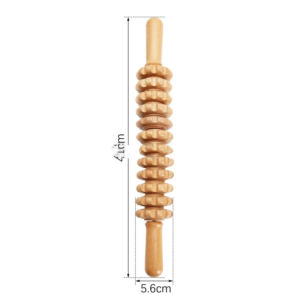 A set of natural beech wood massage rollers including T-shaped and multi-wheel tools for muscle relief.
