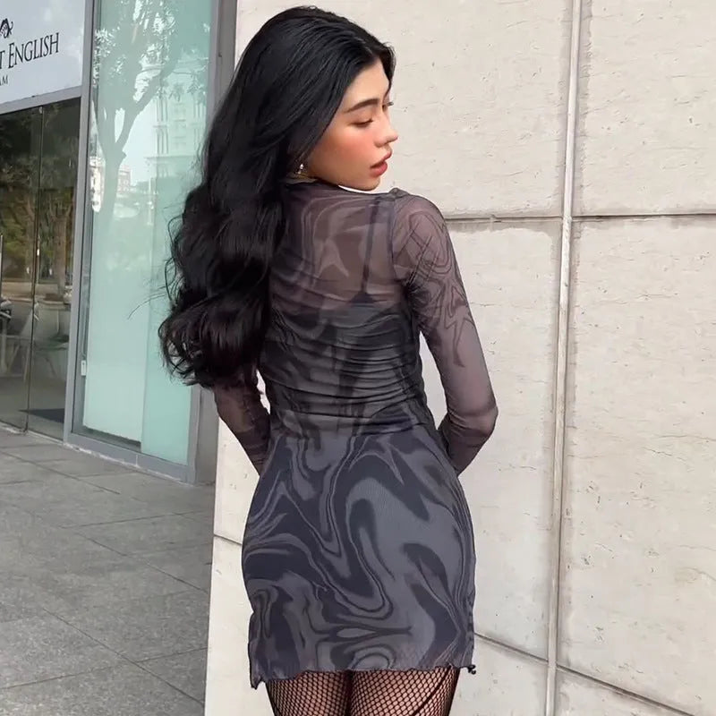 Women black mesh halter print bodycon dress two-piece set with long sleeves