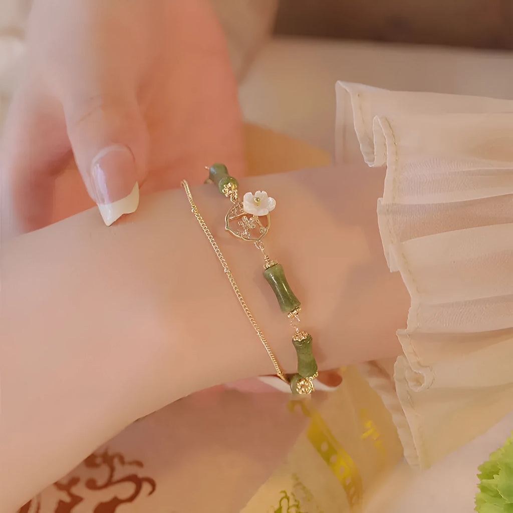 Natural olivine gemstone double layer bracelet for women with pastoral Twin Bells of Ireland design