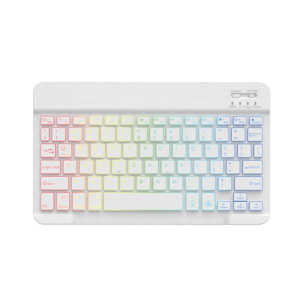 10-inch black Bluetooth keyboard with colourful blue backlighting, shown with a charging cable.