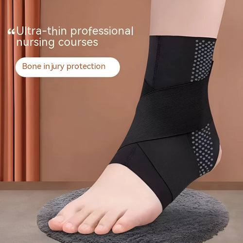 Black Lycra ankle support brace shown wrapped around an adult ankle.