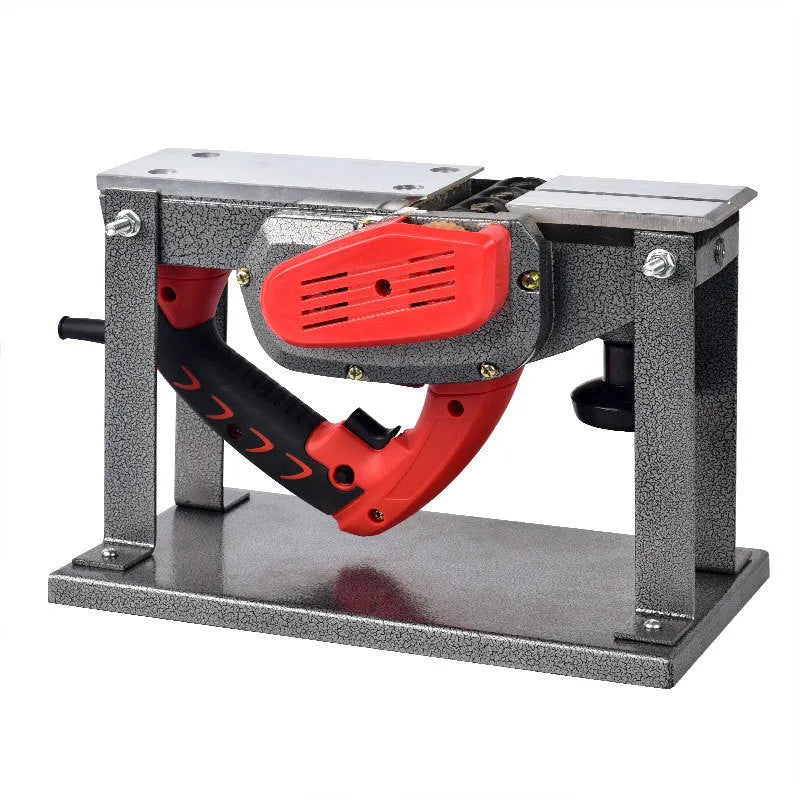 Red electric wood planer with aluminium housing showing 82mm planing width and power specifications