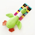 Green blue or grey durable plush duck dog chew toy with squeaker, 33 cm long.