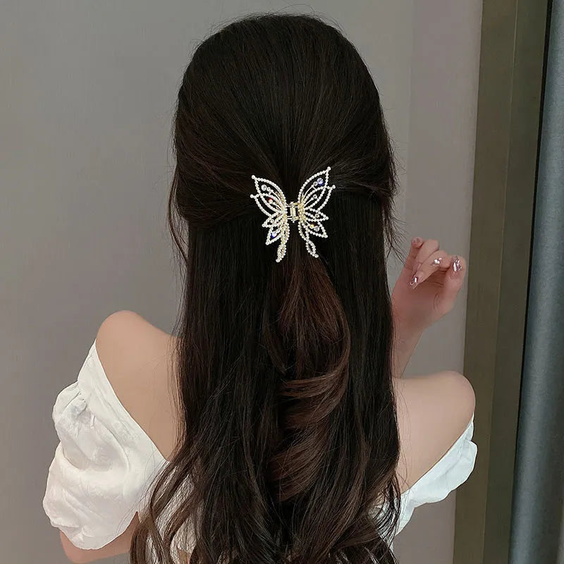 Butterfly design women's hair clip barrette in alloy with pearl or rhinestone style options