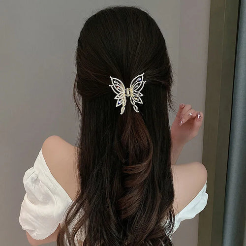 Butterfly design women's hair clip barrette in alloy with pearl or rhinestone style options