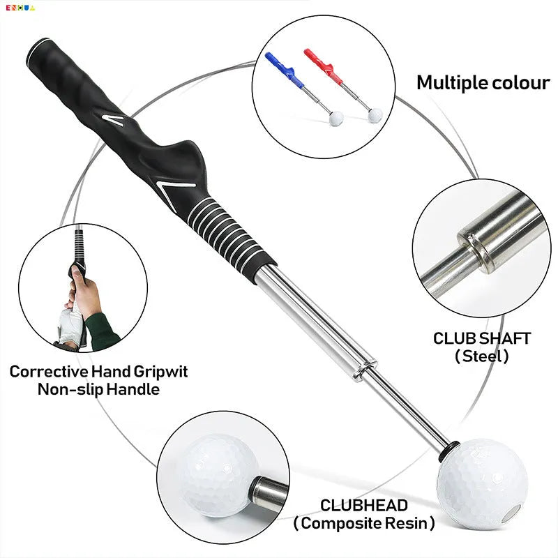 Stainless steel telescopic golf swing trainer in black, blue, and red colour options.