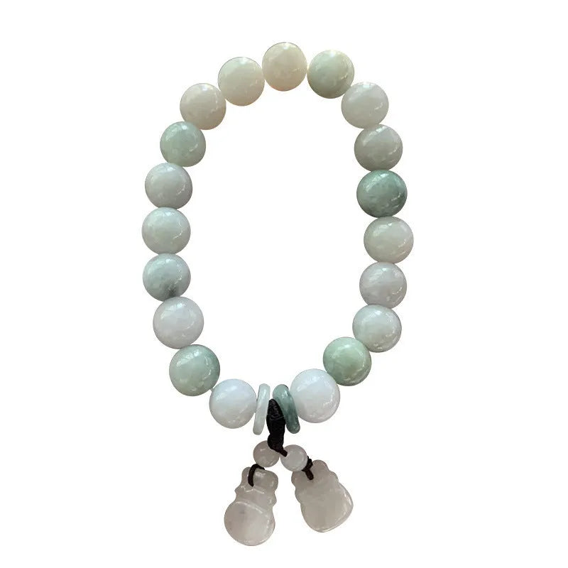 Natural jade bracelet with geometric hanging design and Buddhist elements including Maitreya Buddha motif
