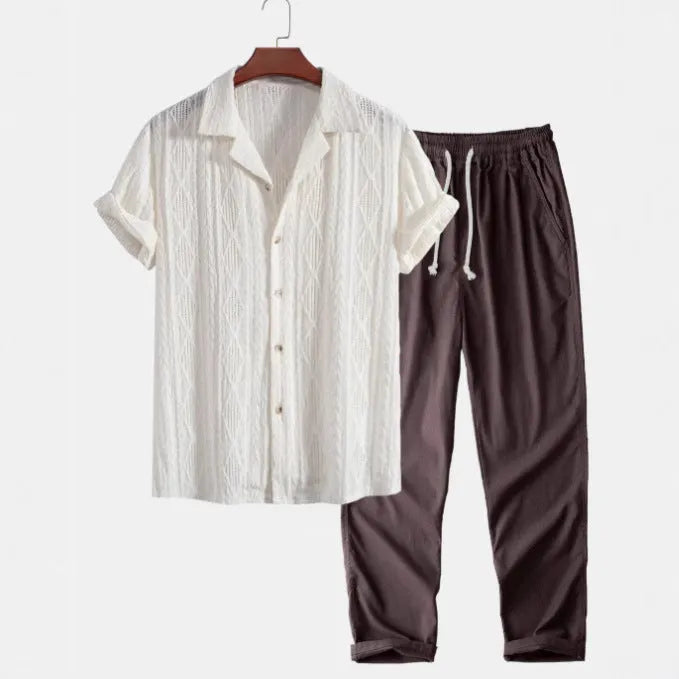 Camouflage print casual suit with short sleeve shirt and trousers in slim fit