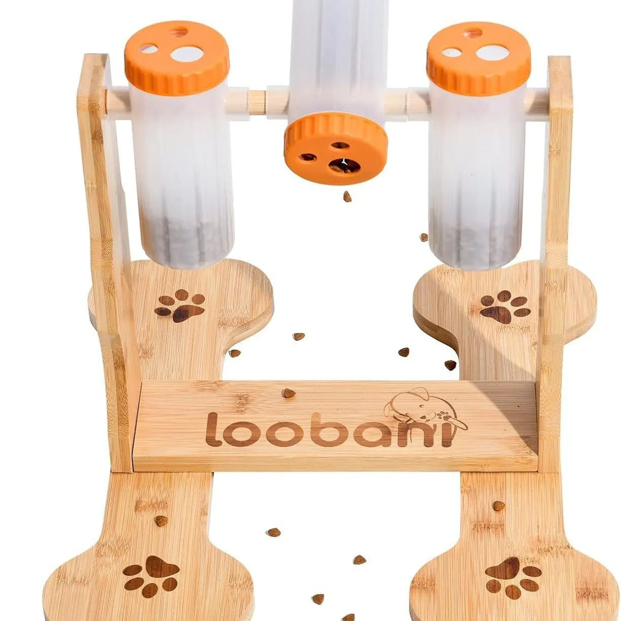Wooden dog puzzle toy snack dispenser feeder with treat compartments measuring 31x30x20cm