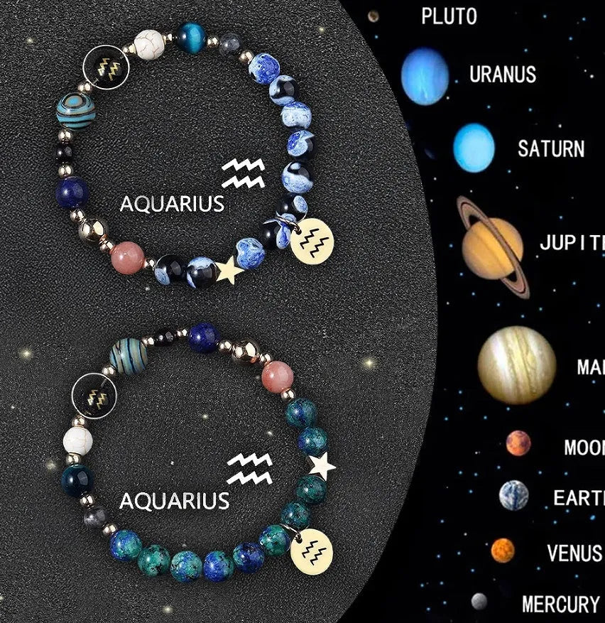 Set of two natural stone beaded zodiac bracelets on a stretch elastic cord.