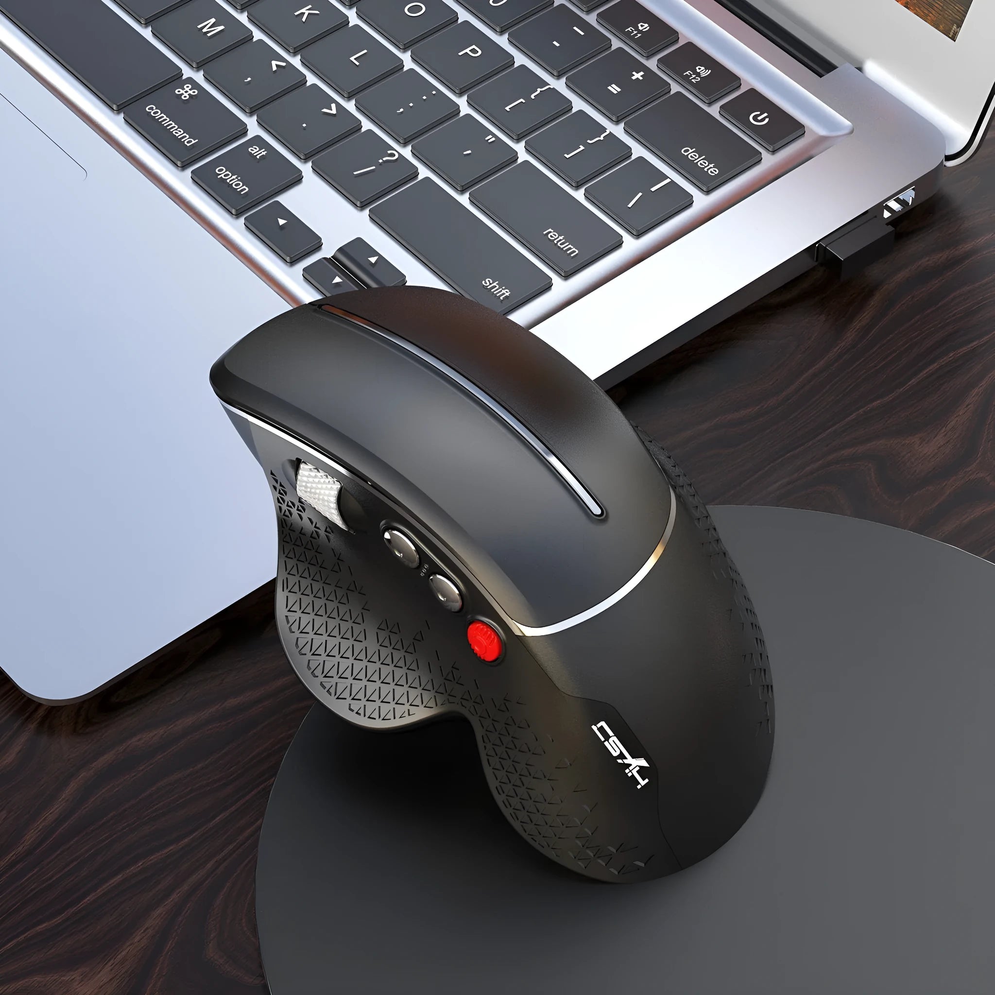 T32 wireless vertical ergonomic mouse in black or silver with aluminium side roller and USB receiver