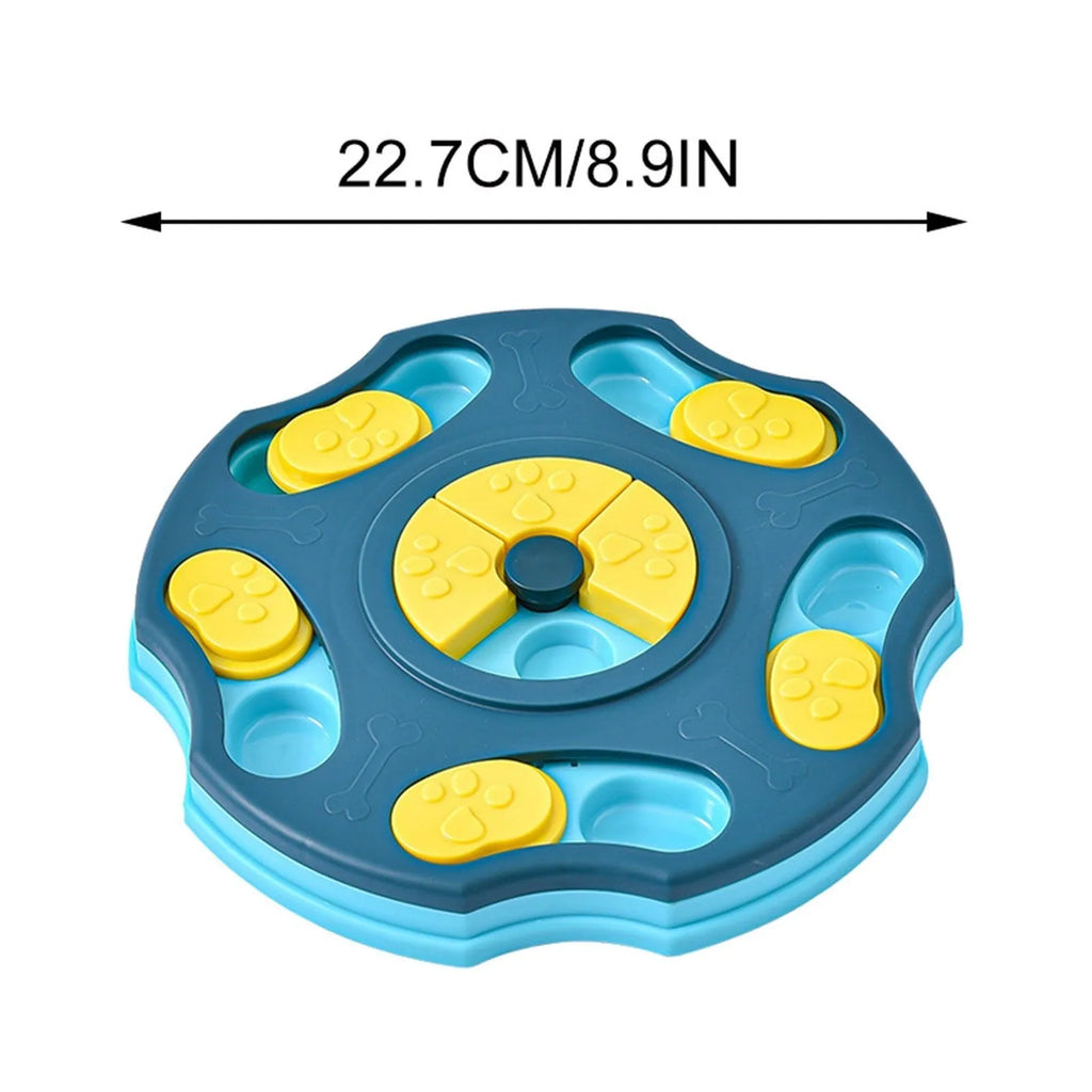 Blue and pink dog puzzle feeder toy with food compartments for interactive play and slow feeding