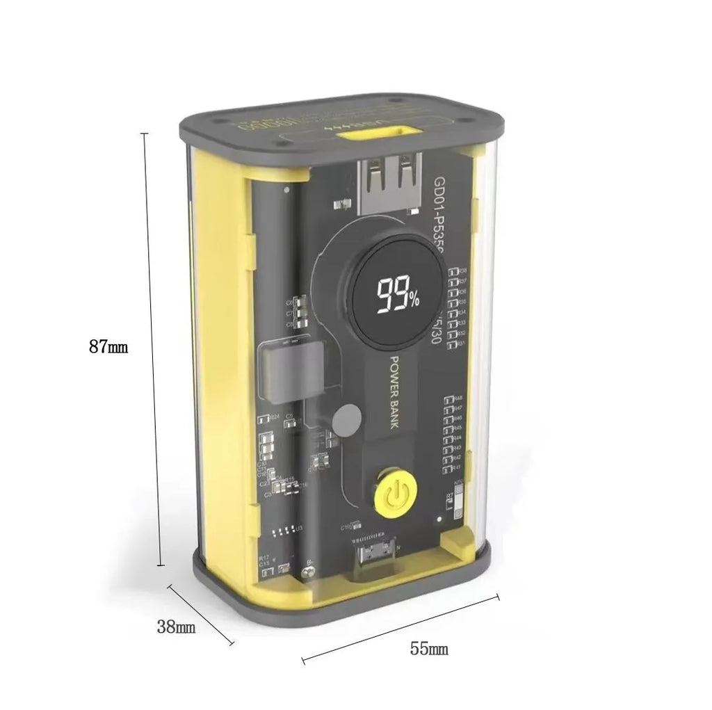 Transparent yellow power bank showing internal aluminum battery case with 10000mAh capacity