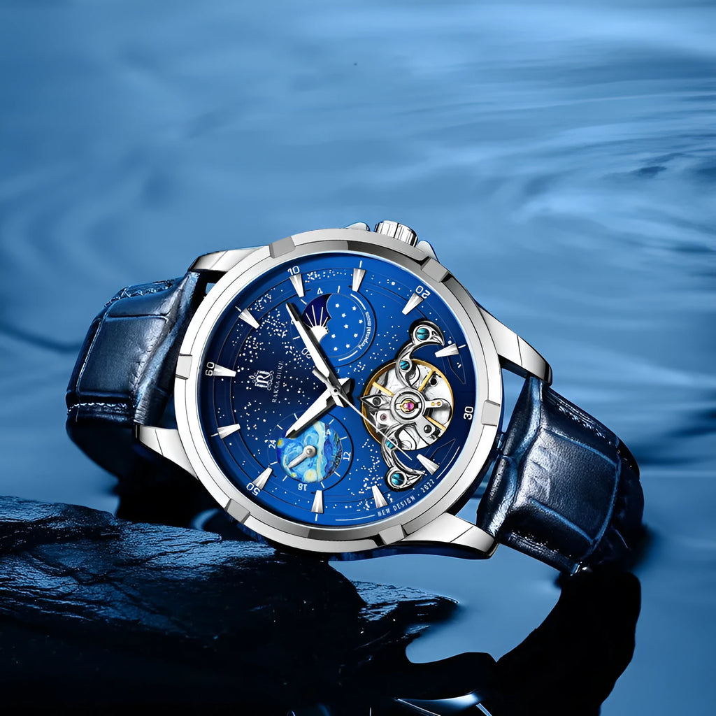 Men's blue automatic mechanical watch with stainless steel case and visible workings