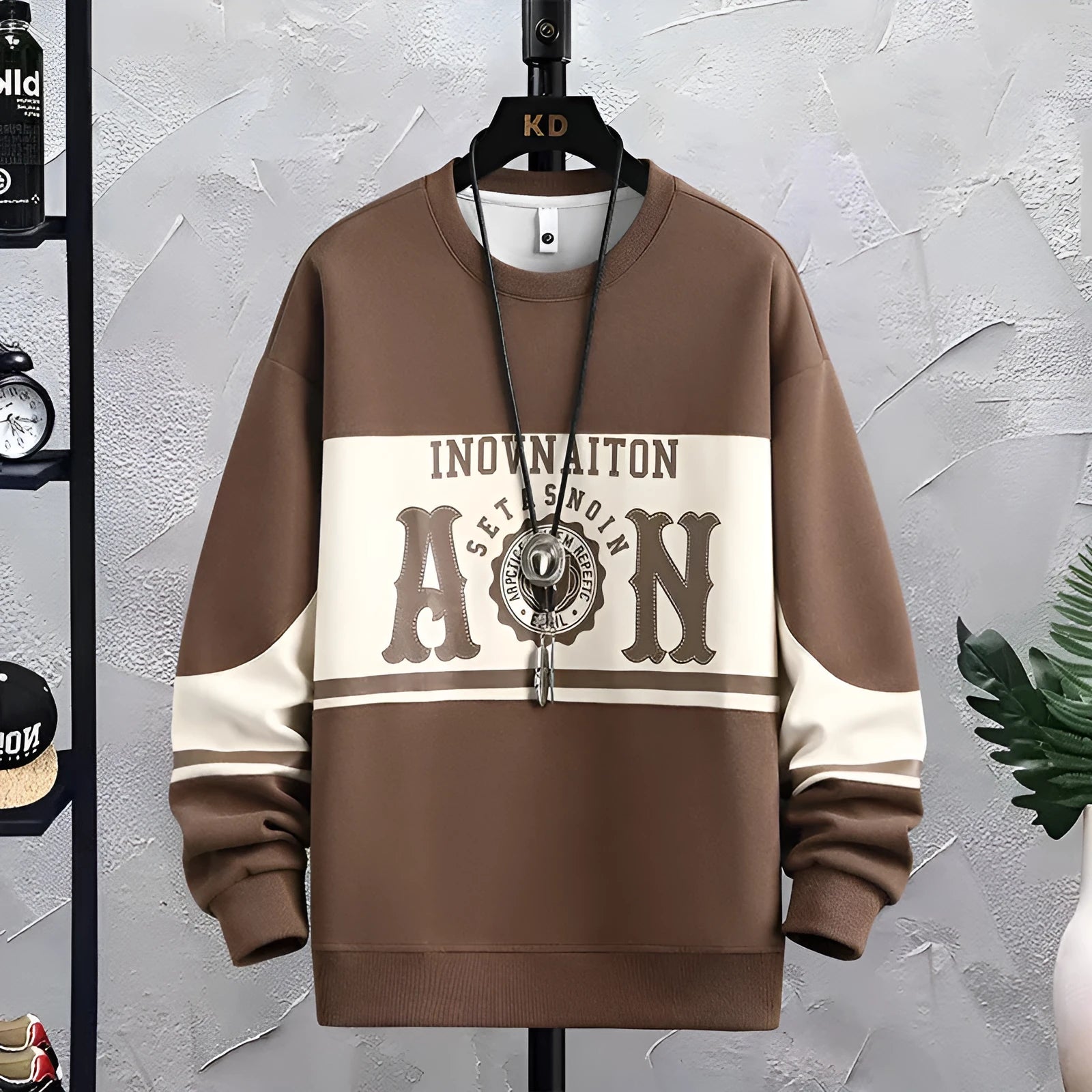 Men's fashion print crew neck sweatshirt in polyester fibre, black, beige, green, coffee colours, sizes M to 4XL