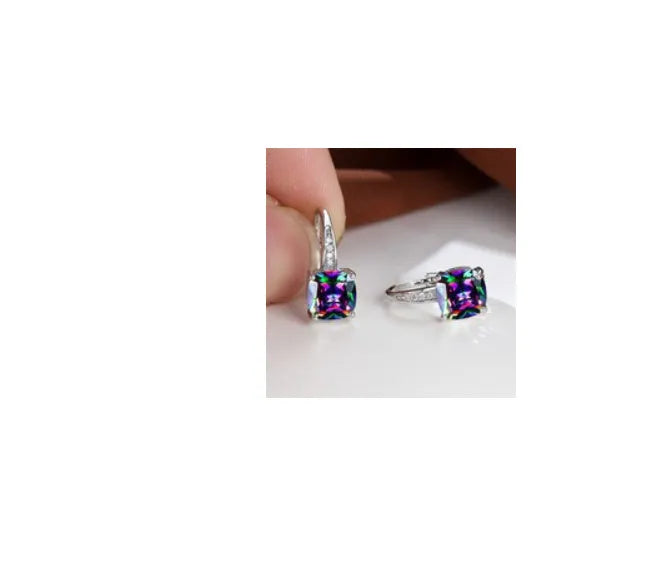 Geometric copper ear clip with colourful moissanite stones in quadrilateral pattern