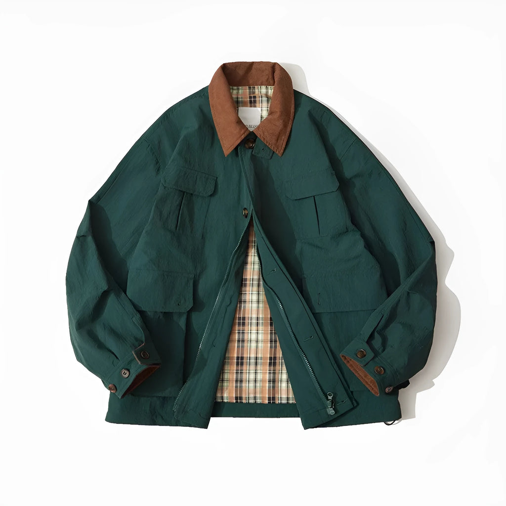 Green solid colour casual polyester jacket with side seam pockets