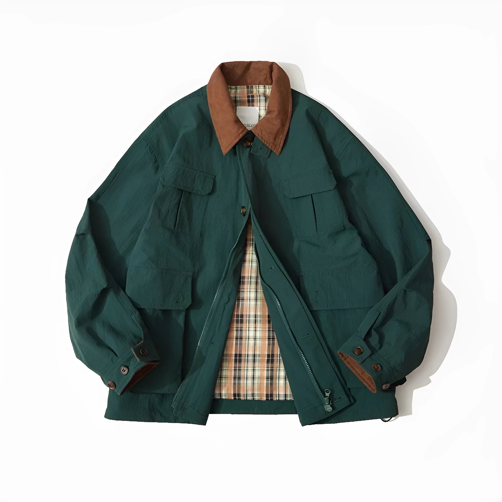 Green solid colour casual polyester jacket with side seam pockets