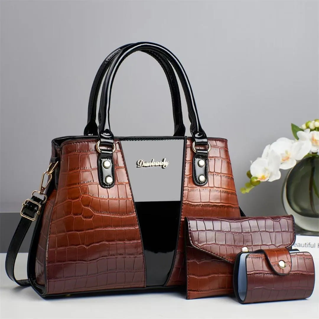Women's three-piece shoulder bag set with crocodile stitching in multiple colour options