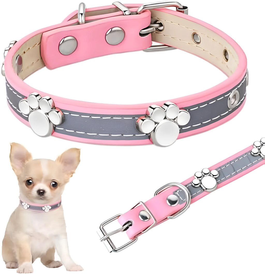 Reflective soft PU leather dog collar with metal paw-shaped rivets and adjustable buckle on a size chart.