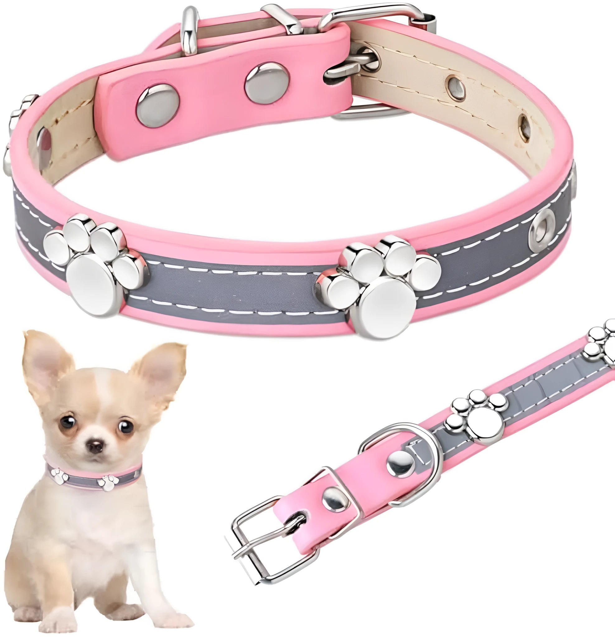 Reflective soft PU leather dog collar with metal paw-shaped rivets and adjustable buckle on a size chart.