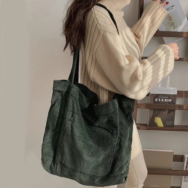 Large corduroy shoulder tote bag for women, 42x45cm, soft plush material, open top, pleated retro style in solid colour