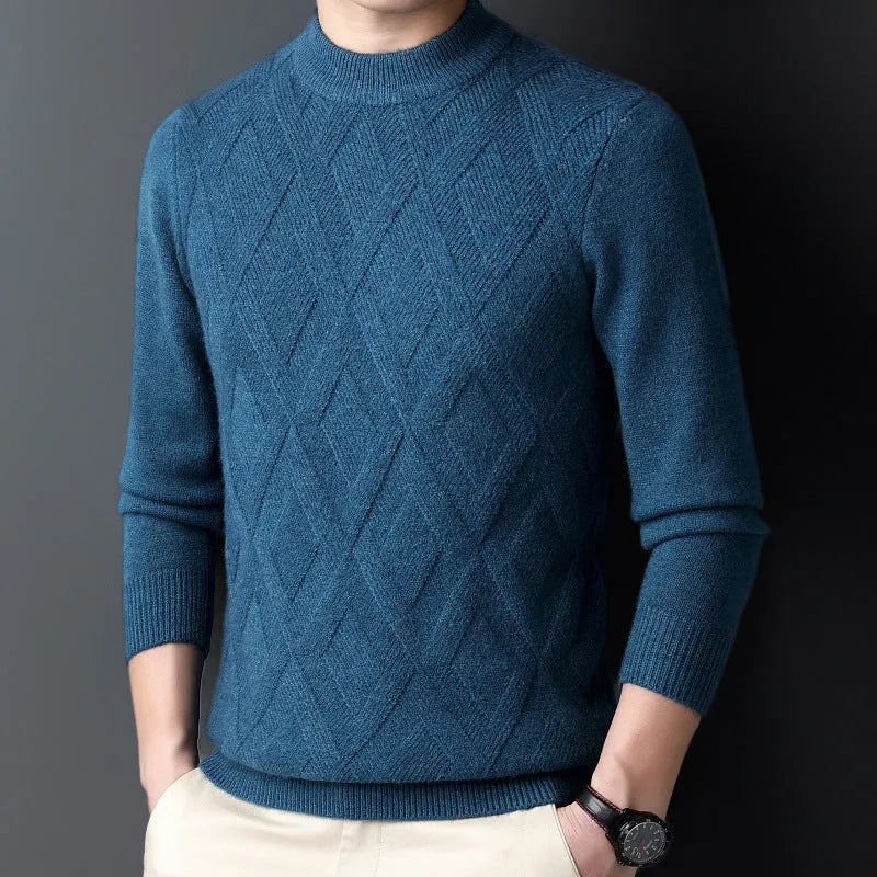 Men's thick winter wool blend pullover sweater with diamond jacquard pattern in a plus size fit.