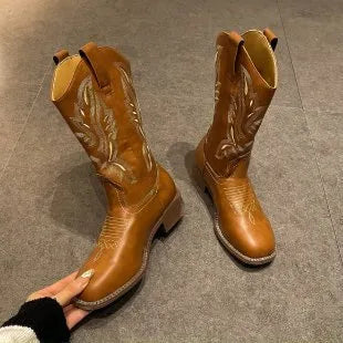 Brown women's mid-calf lace-up Martin boots with embroidery detail on the shaft