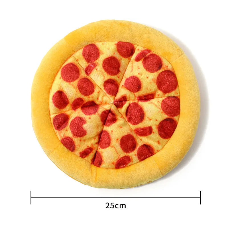 Yellow pizza slice shaped squeaky dog chewing toy with textured toppings and crust detailing