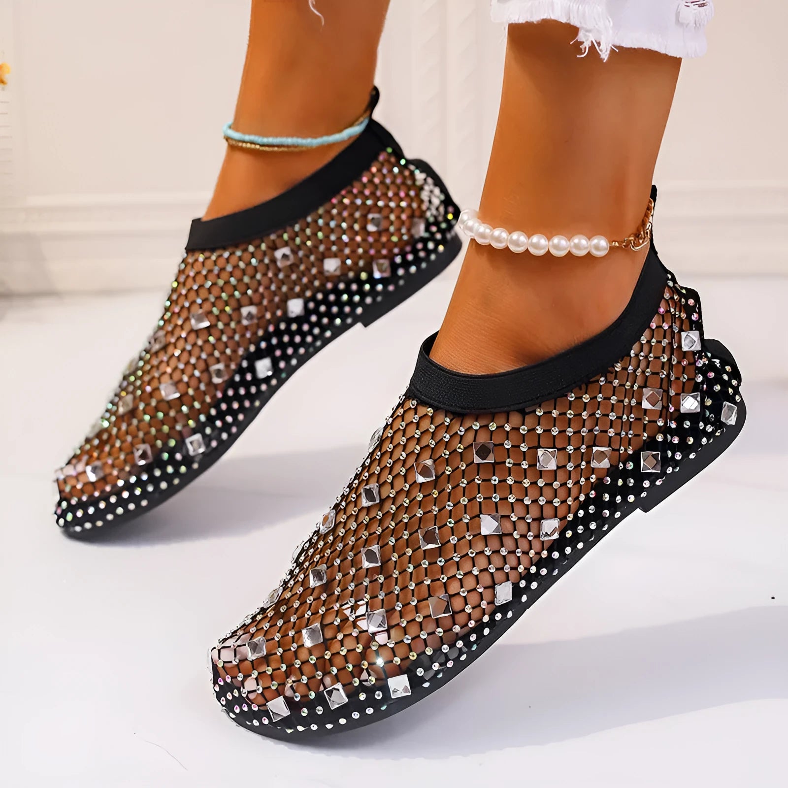 Women's colourful rhinestone mesh flat sandals with round toe and medium height upper