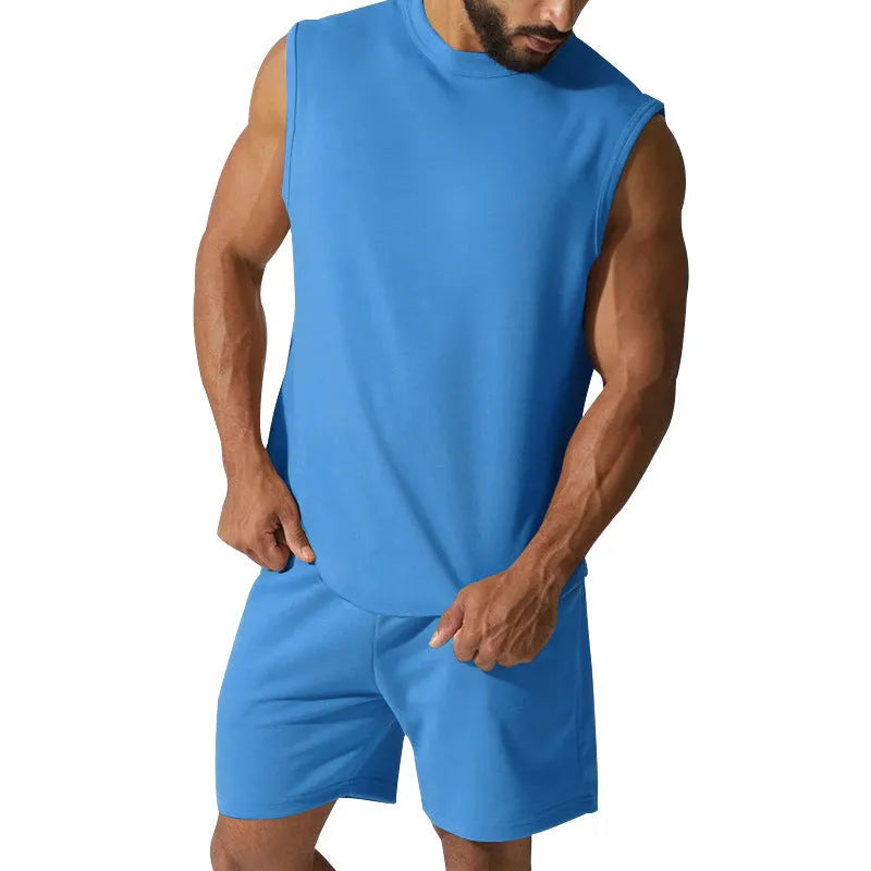 Men's sleeveless cotton blend sports top and matching shorts in solid colour options