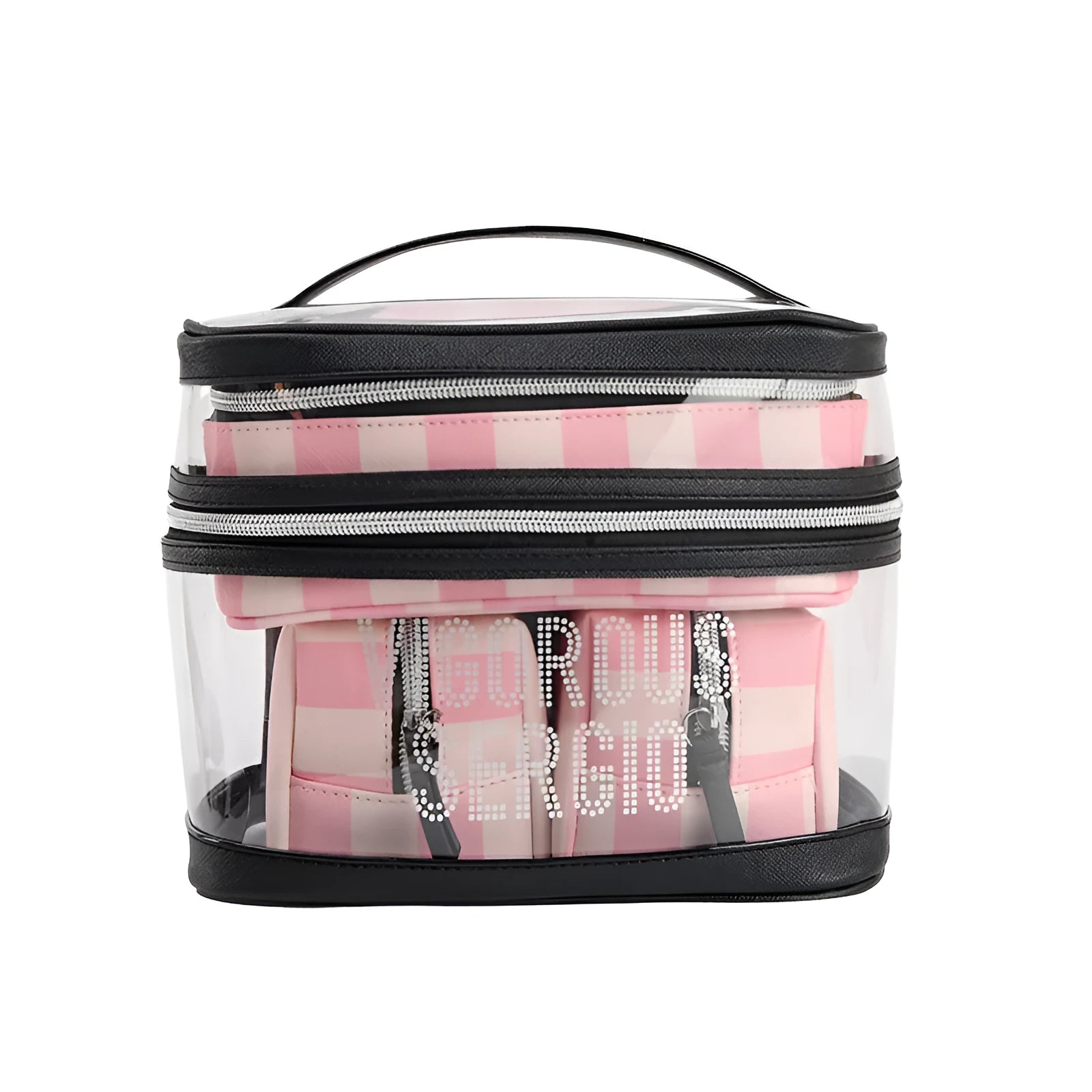 Buggy bag makeup kit in pink bold stripes with floral pattern and synthetic leather construction