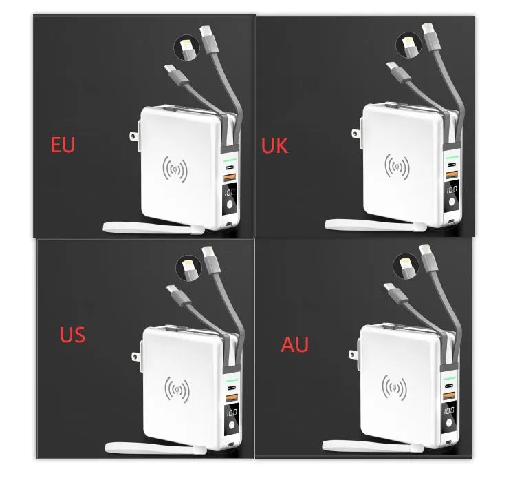 Black and white QI wireless charging power bank with PD20W fast charging and international travel plugs
